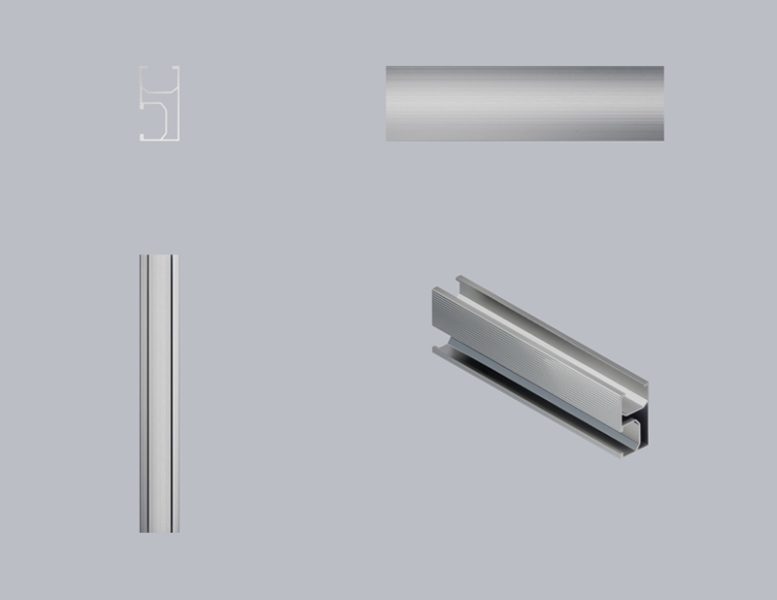 Group of aluminum extrusion profiles on a gray background: vertical channel at left, brushed rectangular strip at top center, and a sliding rail assembly at right.